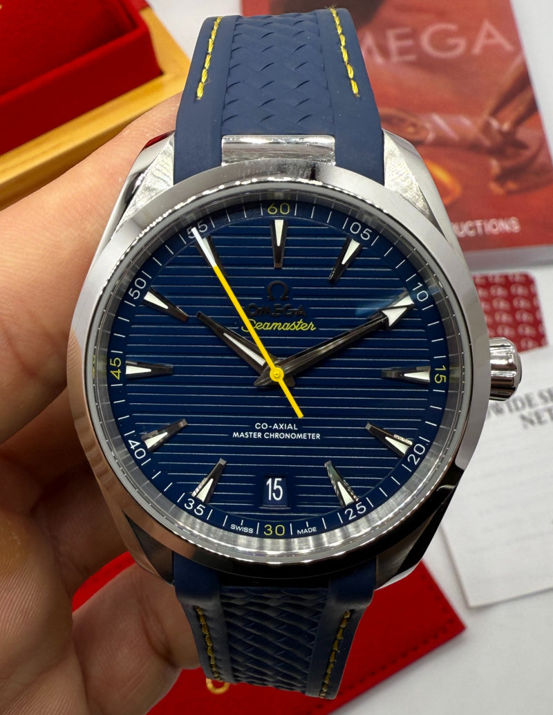 Omega Seamaster Aqua Terra 41 mm, Aço - Azul - Bracelete de Borracha - CLONE