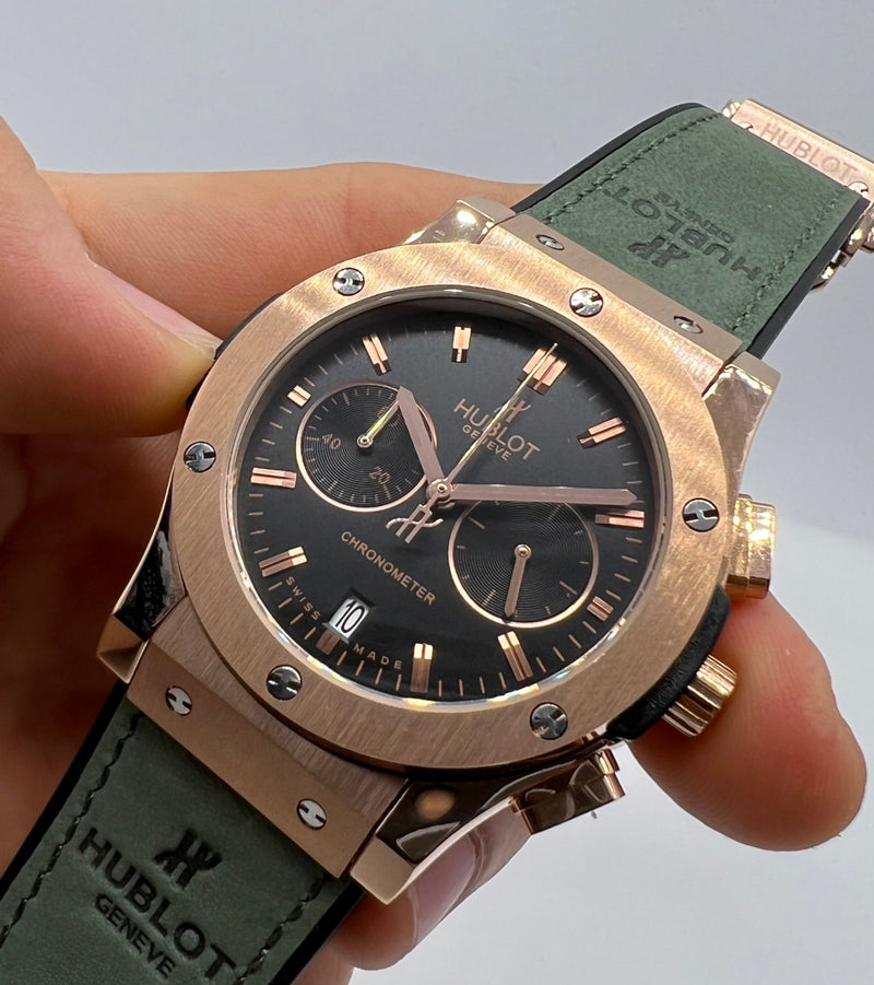Hublot Classic Chrono Rosè 45mm Mostrador Preto Puls. Borracha/CouroV