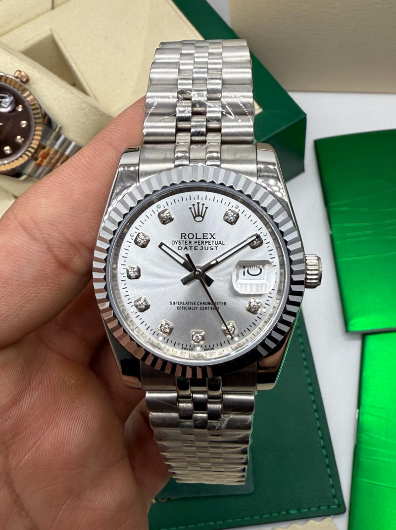 Rolex Date-Just 31mm/36mm Aço, Mostrador Prata, Luneta Canelada