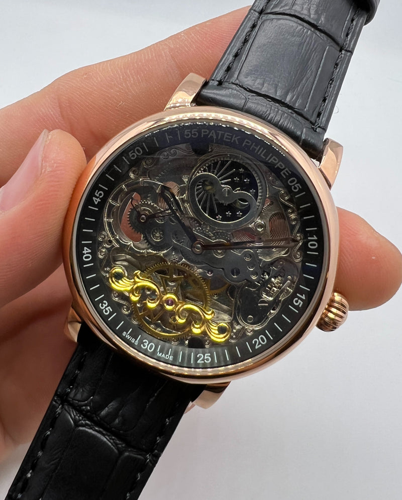 Patek Phillippe Turbilhão Esqueleto 42mm Aço, Pulseira Couro