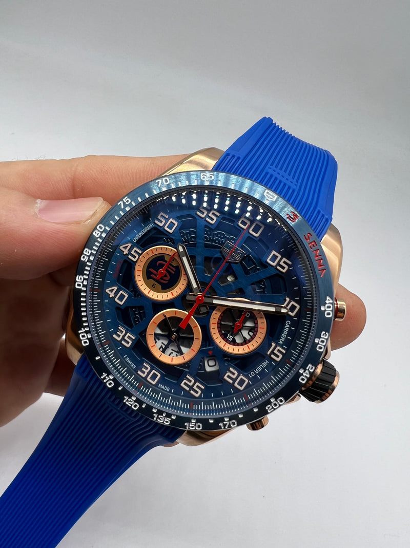 TAG Heuer 01 SENNA, 43mm Aço, Pulseira Borracha Azul