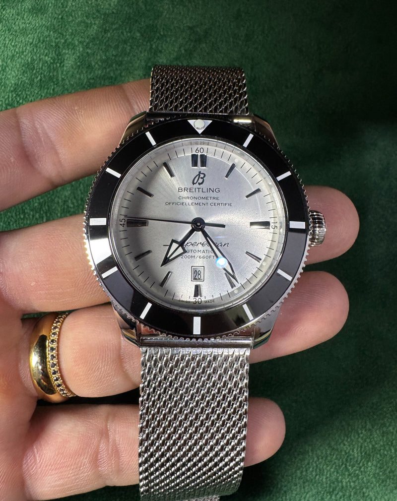 Breitling Superocean Aço 44mm Mostrador Prata Bisel Preto
