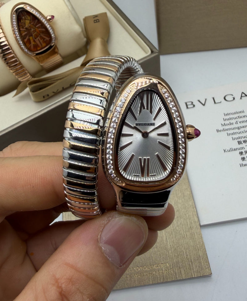 Bvlgari Serpenti Tubogas 01 Volta 35mm Aço/Rose Mostrador Cinza - Cravejado