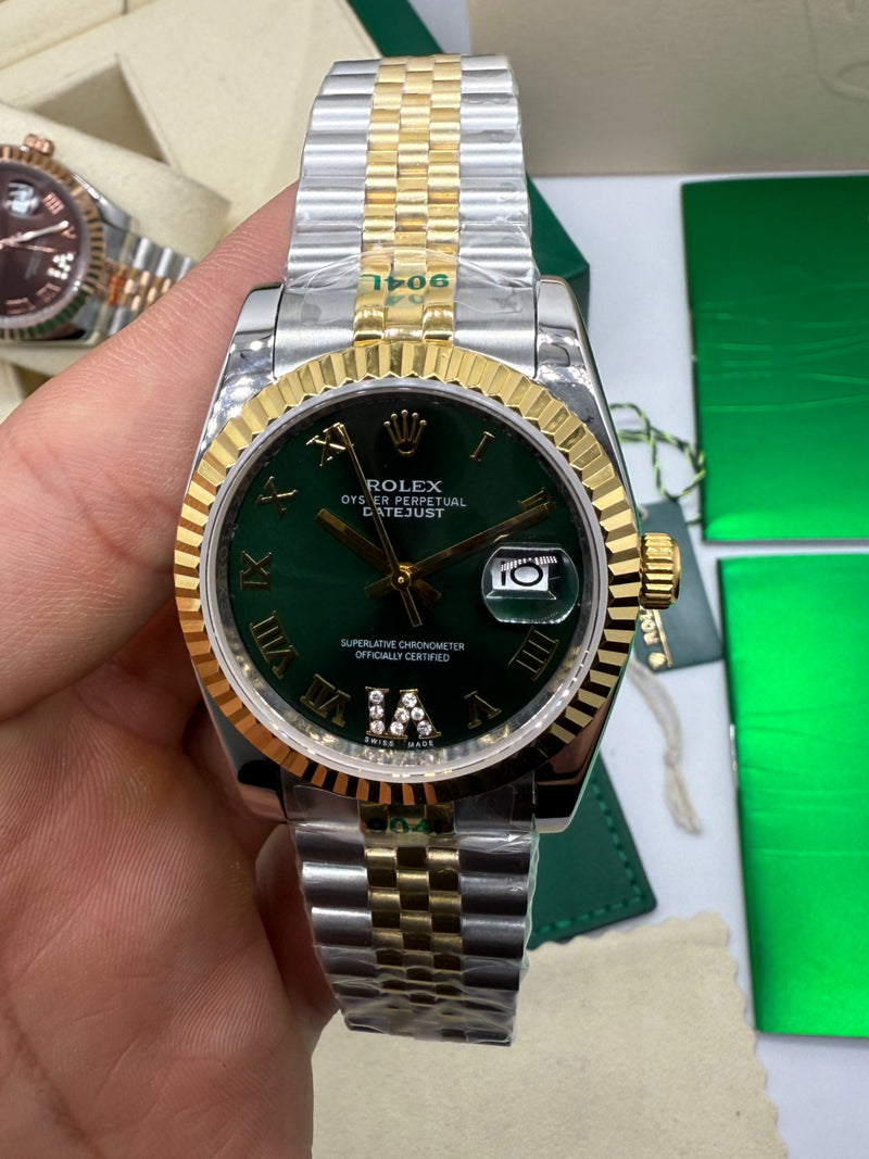 Rolex Date-Just 31mm/36mm Aço/Dourado, Mostrador Verde, Luneta Canelada