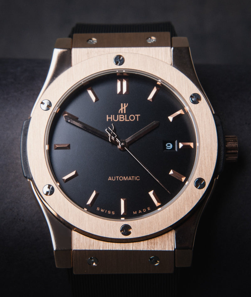 Hublot Classic Fusion 45mm Rosé Mostrador Preto Bisel Rosé