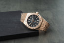 Audemars Piguet Royal Oak 41mm Rosé Mostrador Preto Bezel Rosé Pulseira Rosé