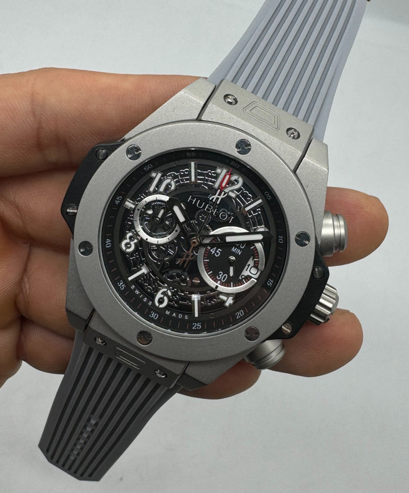 Hublot Big Bang 44mm Aço/OxSilver Mostrador Preto Esqueleto