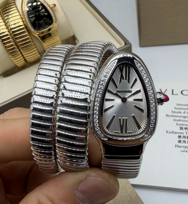 Bvlgari Serpenti Tubogas 02 Volta 35mm Aço Mostrador Prata - Cravejado
