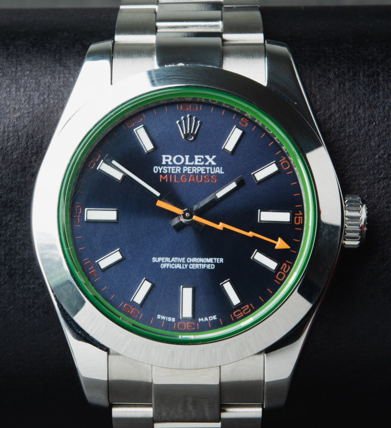 Rolex Milgauss 40mm Aço Mostrador Azul Luneta Lisa Pulseira Oyster