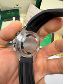Rolex Daytona 40mm Aço Mostrador Prata Luneta Preta, Pulseira OysterFlex