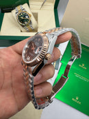 Rolex Date-Just 31mm/36mm Aço/Rose, Mostrador Marrom, Luneta Canelada