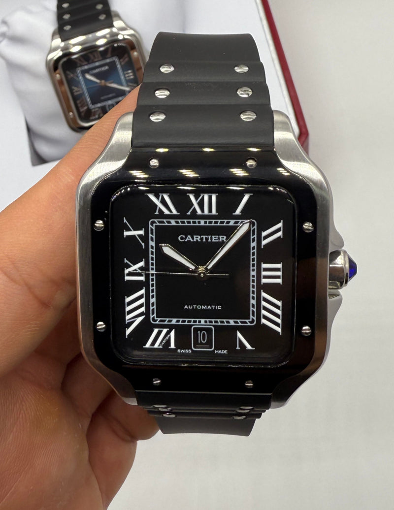 Cartier Santos 40mm - Aço Mostrador Preto - Pulseira Borracha