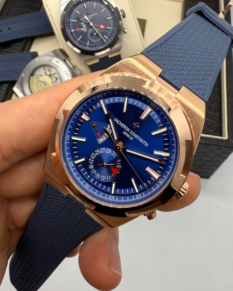 Vacheron Constantin Overseas Dual Time Aço/Rose 41mm, Mostrador Azul