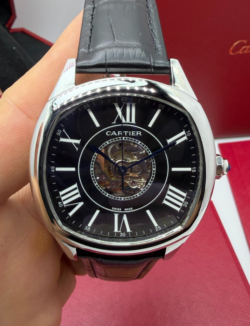 Cartier Drive 41mm Turbilhão Central Aço - Mostrador Preto - Pulseira Couro