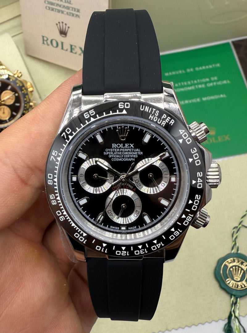 Rolex Daytona 40mm Aço Mostrador Preto Luneta Preta, Pulseira OysterFlex