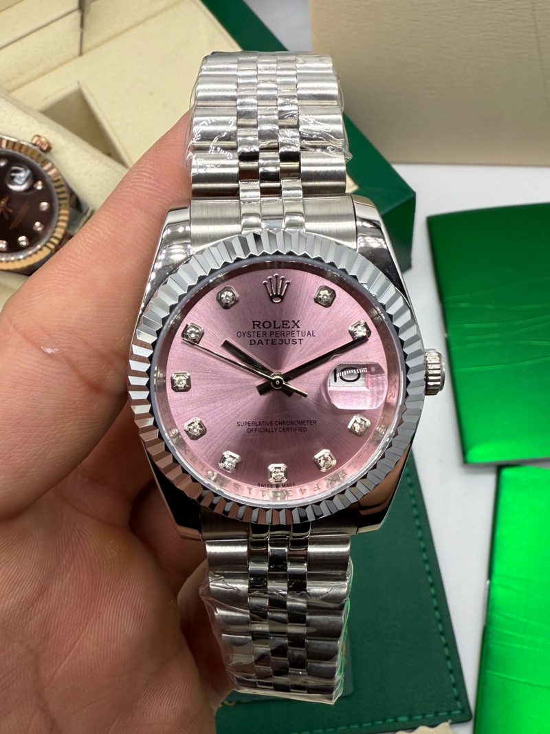 Rolex Datejust 31mm/36mm Aço, Mostrador Rosa, Luneta Canelada