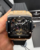 Hublot Square Bang Turbilhão Aço/Rose 45mm, Mostrador Preto Esqueleto