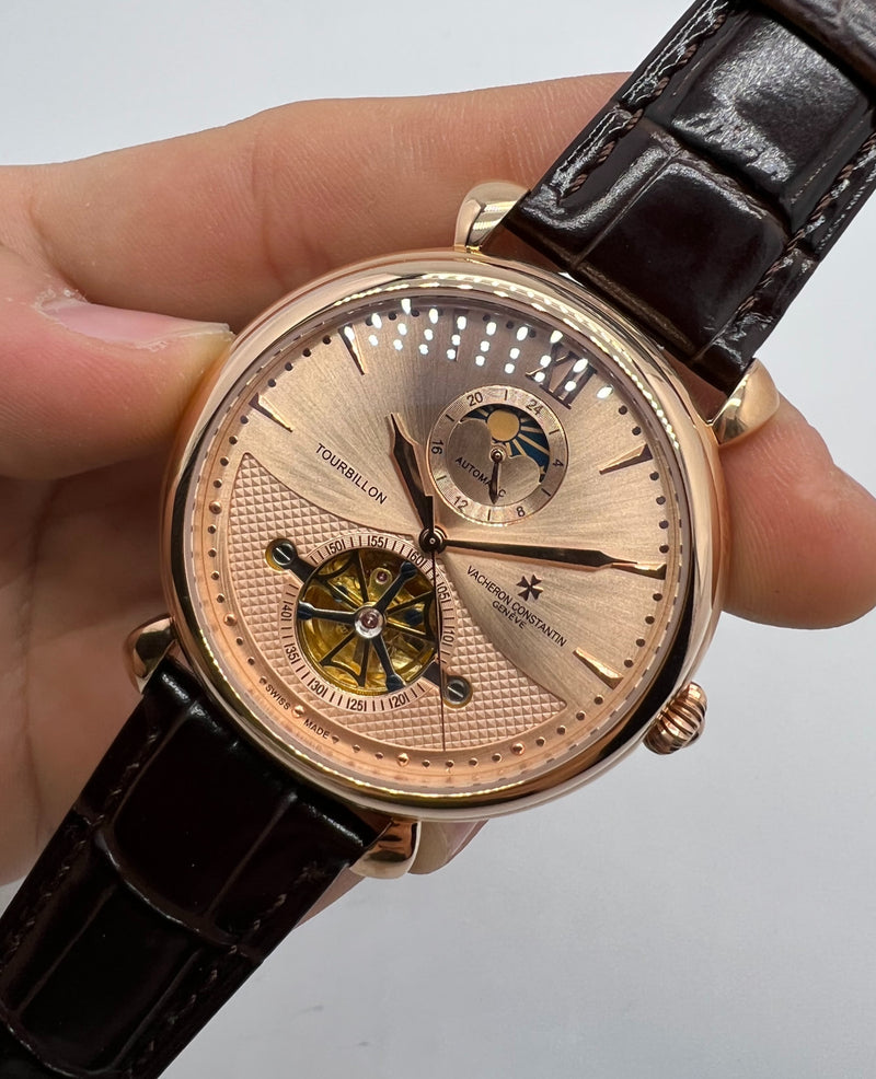 Vacheron Constantin Fases da Lua Turbilhão Aço/Rose 42mm, Mostrador Rose
