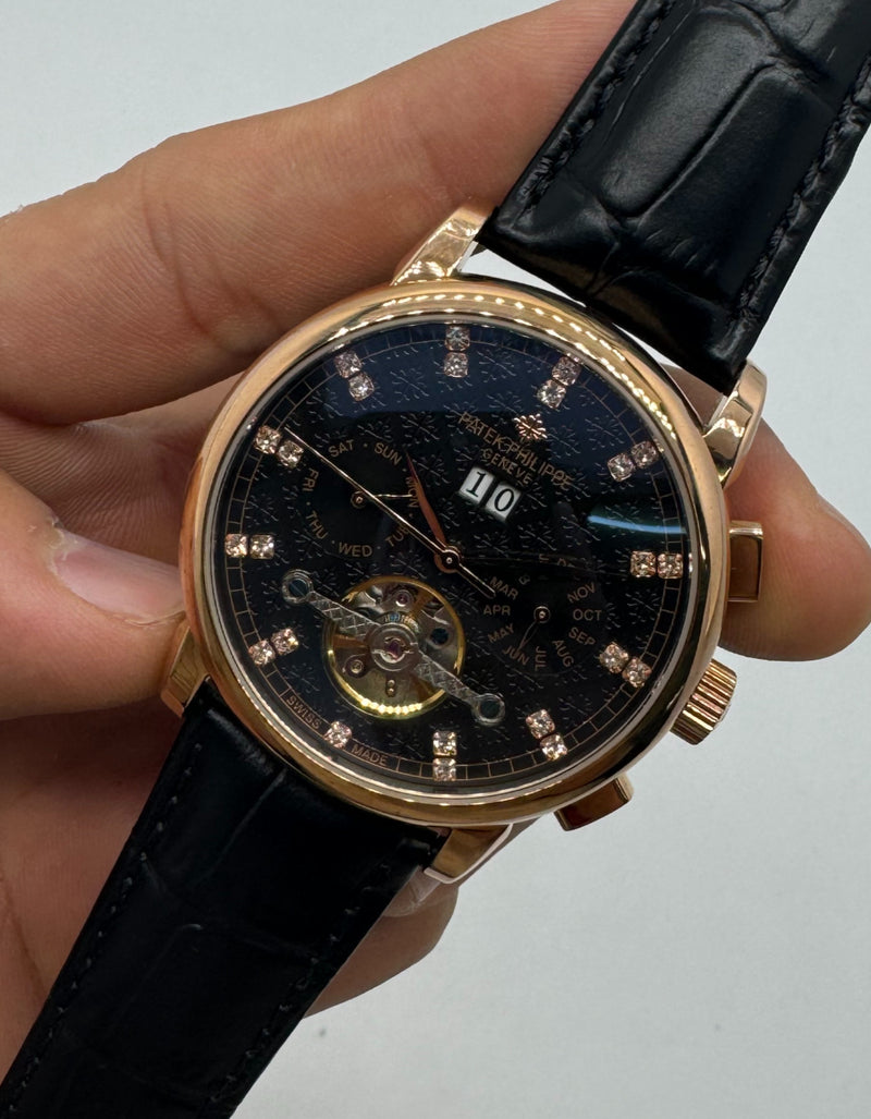 Patek Phillippe Turbilhão 42mm Aço/Rose, Pulseira Couro - Diamond
