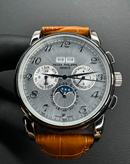 Patek Phillippe Fases da Lua 42mm Aço Mostrador Prata, Pulseira Couro