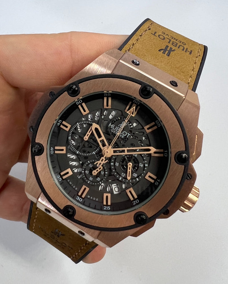 Hublot King Power 48mm Aço/Rose, Mostrador Preto Esqueleto