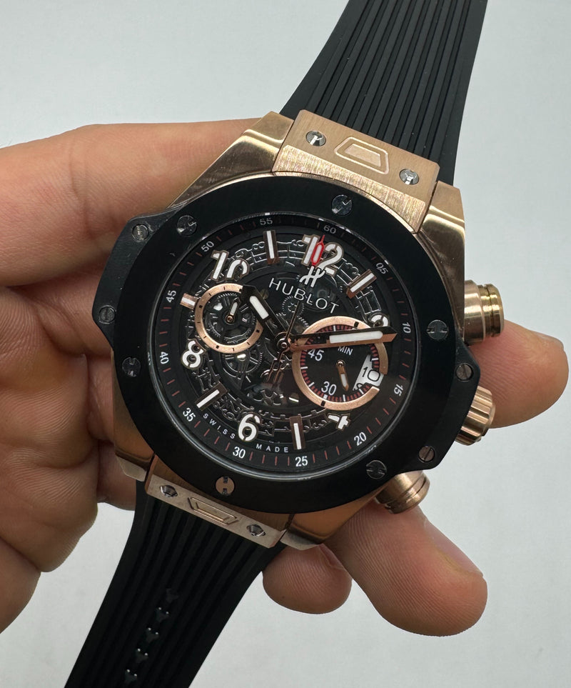 Hublot Big Bang 44mm Aço/Rose Mostrador Preto Esqueleto