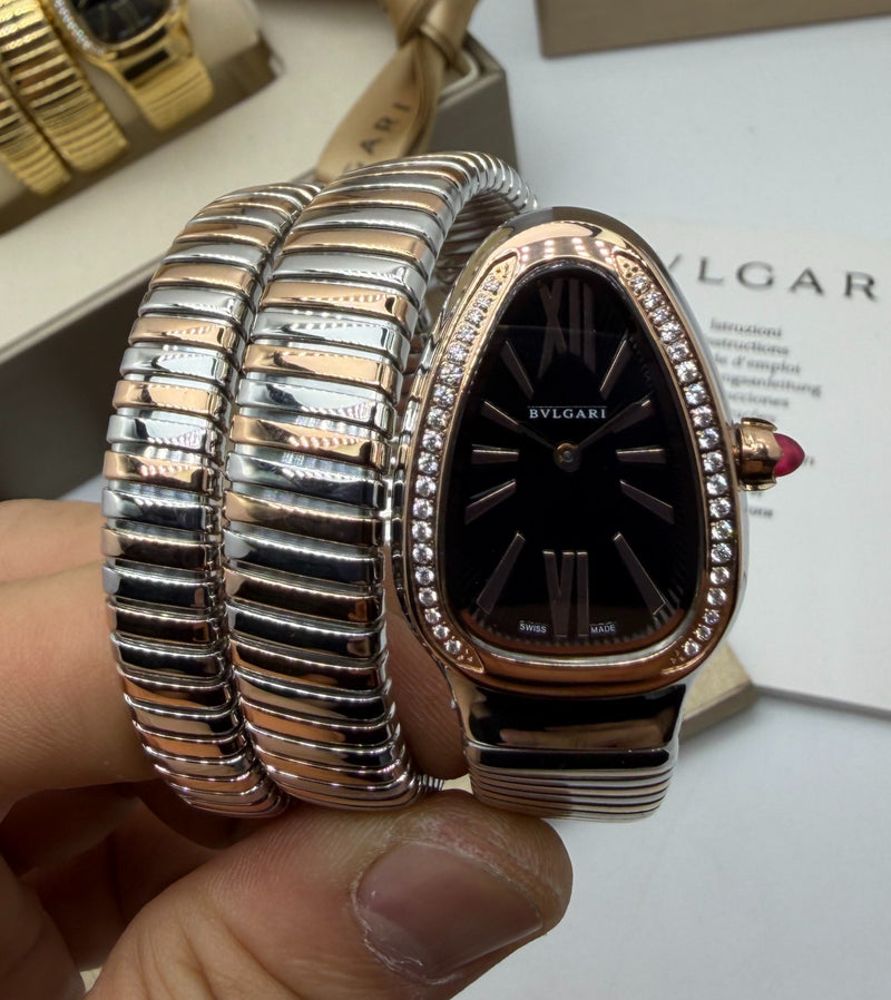Bvlgari Serpenti Tubogas 02 Volta 35mm Aço/Rose Mostrador Preto - Cravejado