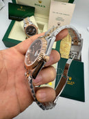 Rolex Date-Just 31mm/36mm Aço/Rose, Mostrador Marrom, Luneta Canelada