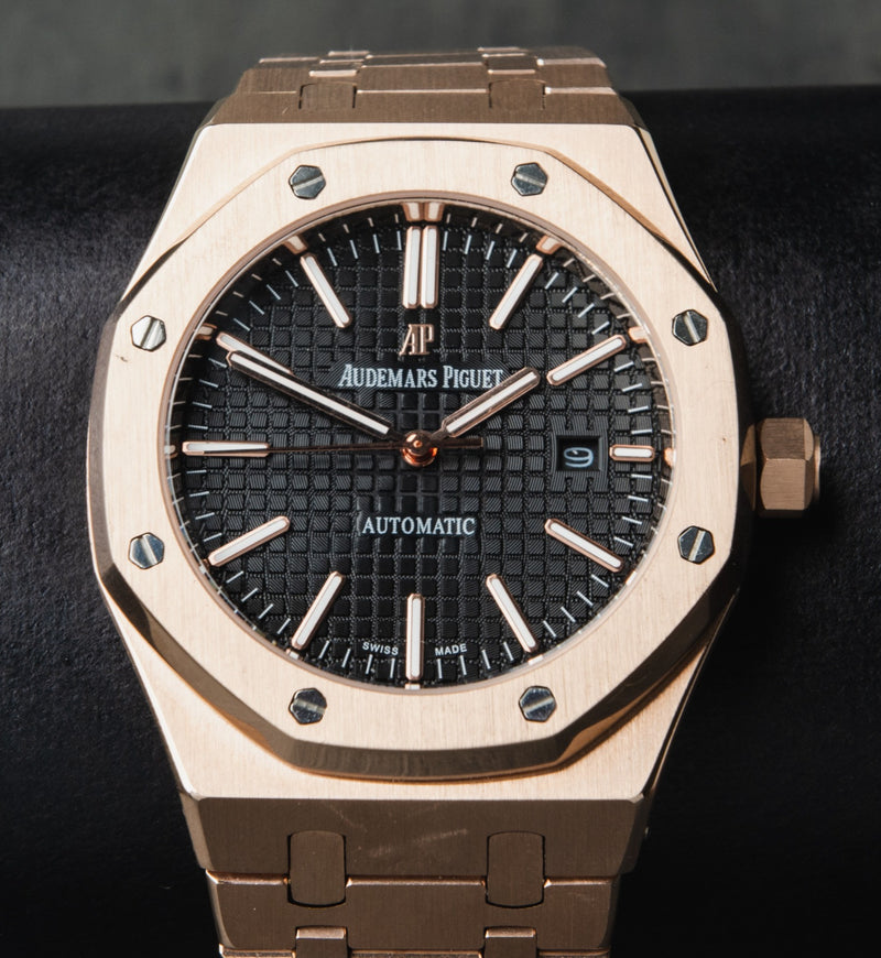 Audemars Piguet Royal Oak 41mm Rosé Mostrador Preto Bezel Rosé Pulseira Rosé