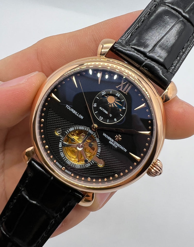 Vacheron Constantin Fases da Lua Turbilhão Aço/Rose 42mm, Mostrador Preto