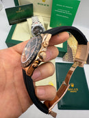 Rolex Daytona 40mm Aço Rose Mostrador Preto Luneta Preta, Pulseira OysterFlex