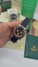 Rolex Daytona 40mm Aço Rose Mostrador Preto Luneta Preta, Pulseira OysterFlex