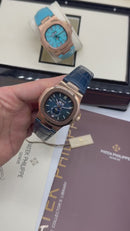 Patek Philippe Nautilus 39mm, Aço/Rose Mostrador Azul, Pulseira Couro
