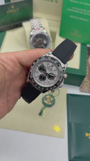 Rolex Daytona 40mm Aço Mostrador Prata Luneta Preta, Pulseira OysterFlex
