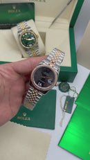 Rolex Date-Just 31mm/36mm Aço/Rose, Mostrador Cinza, Luneta Canelada