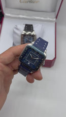Cartier Santos 40mm - Aço Mostrador Azul - Pulseira Borracha