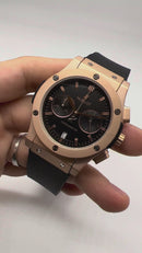 Hublot Classic Chrono 45mm Rosé Mostrador Preto Pulseira Borracha