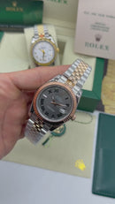 Rolex Date-Just 41mm/36mm Wimbledon Aço/Rose, Mostrador Cinza, Luneta Canelada
