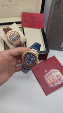 Patek Philippe Nautilus Fases da Lua 40mm, Aço/Rose, Mostrador Azul