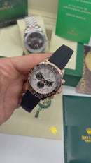 Rolex Daytona 40mm Aço Rose Mostrador Prata Luneta Preta, Pulseira OysterFlex