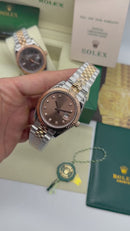 Rolex Date-Just 31mm/36mm Aço/Rose, Mostrador Marrom, Luneta Canelada