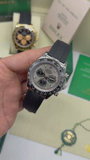 Rolex Daytona 40mm Aço Mostrador Prata Luneta Preta, Pulseira OysterFlex