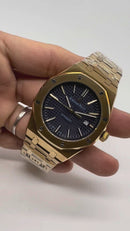 Audemars Piguet Royal Oak 41mm Dourado Mostrador Azul Bezel e Pulseira em aço