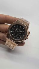 Audemars Piguet R.O. Dourado Mostrador Preto Bezel Rose Pulseira Rose