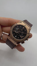 Hublot Classic Chrono 45mm Aço/Rosê Mostrador Preto Pulseira Couro com Borracha