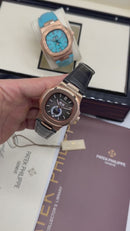 Patek Philippe Nautilus 39mm, Aço/Rose Mostrador Chumbo, Pulseira Couro