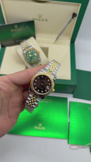 Rolex Date-Just 31mm/36mm Aço/Dourado, Mostrador Marrom, Luneta Canelada