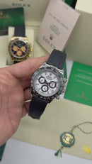 Rolex Daytona 40mm Aço Mostrador Branco Luneta Preta, Pulseira OysterFlex
