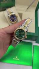 Rolex Date-Just 31mm/36mm Aço/Dourado, Mostrador Verde, Luneta Canelada